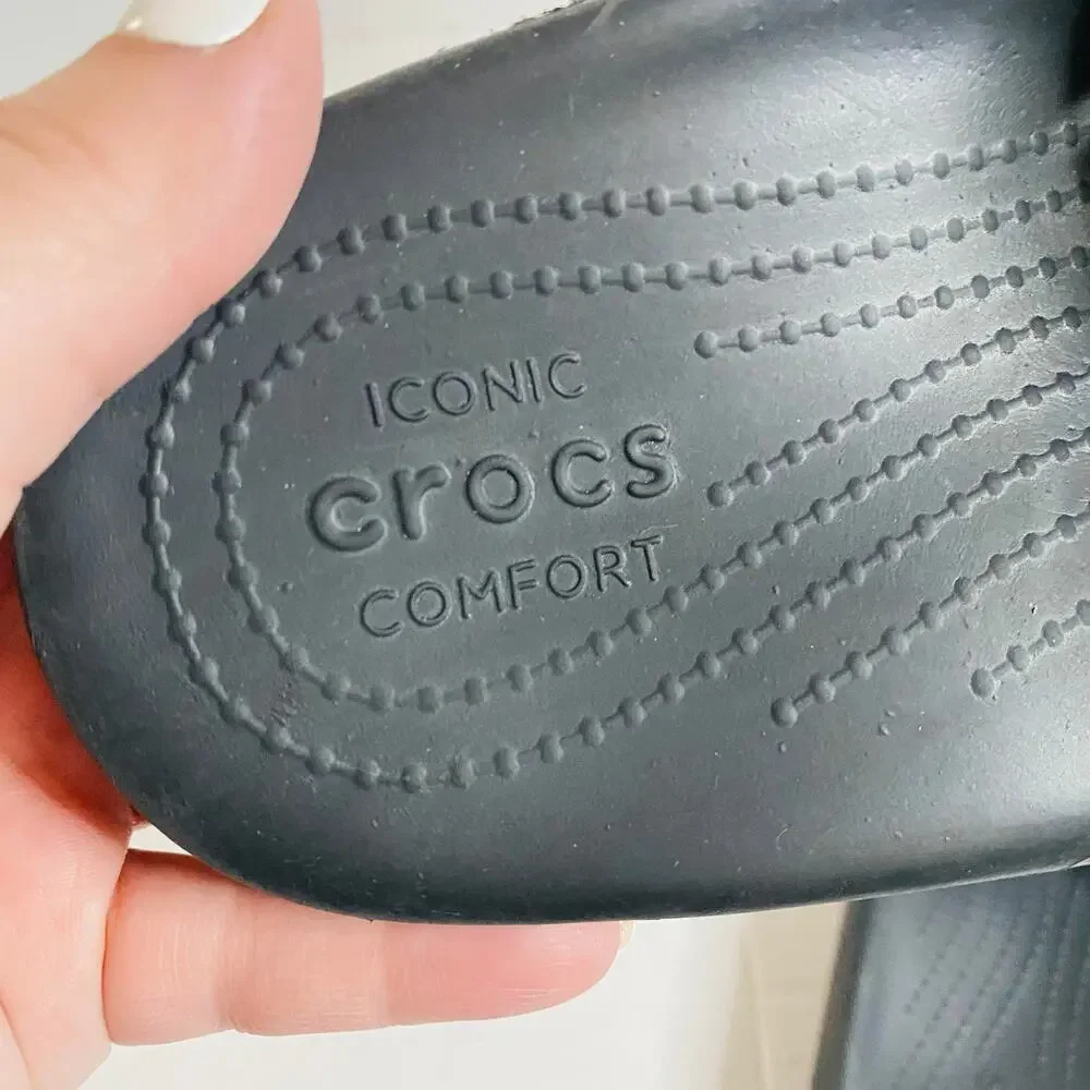 CROCS Black & White Logo Slides Comfort Slip On Shoe Sz J 5 Youth/Kids